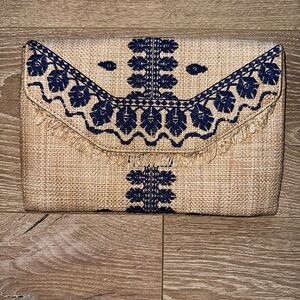 Stella & Dot Tan and Blue Embroidered Clutch (NEW)